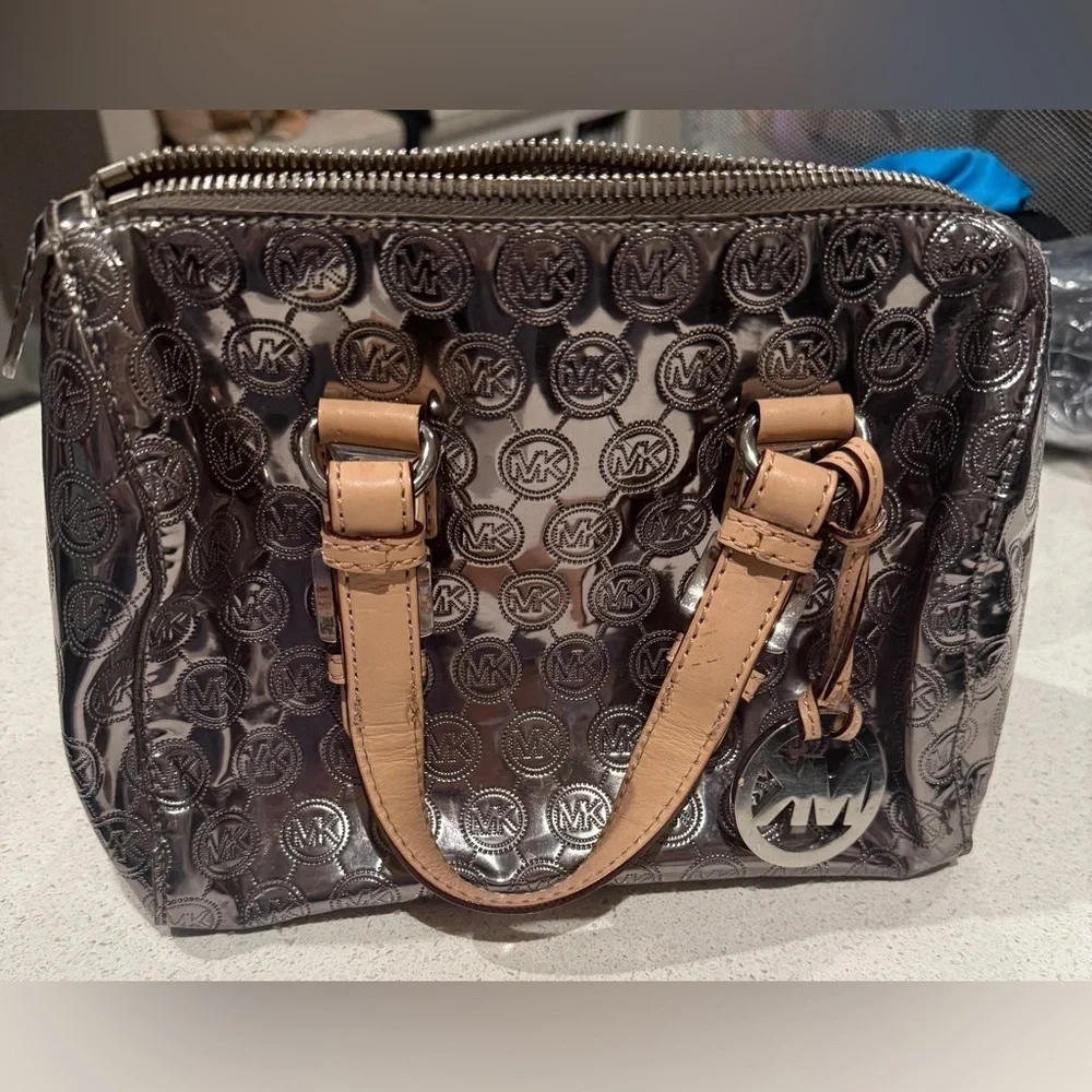 Michael Kors Shiny Silver and Tan Satchel